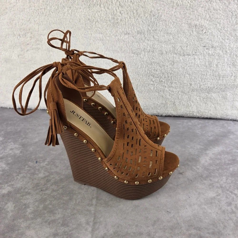 JustFab Brown Faux Suede Laser Cut Studded Tassel Lace Up Platform Wedges